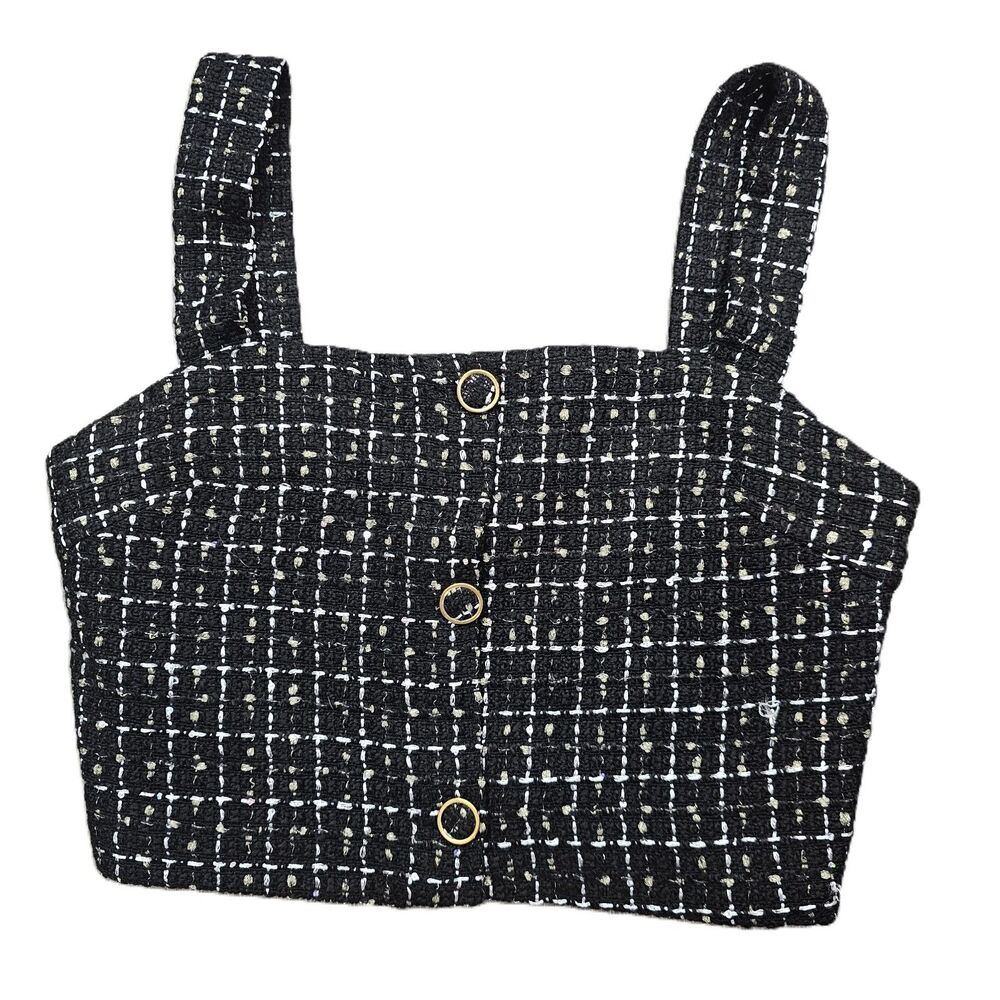 Edit by Nine Black Tweed Crop Top Small Gold Buttons Sparkle Accents